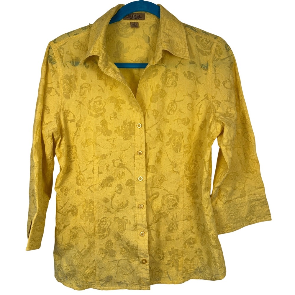 Peck & Peck Weekend Sheer Yellow Floral ‎ 3/4 Sleeve Button Top Women Size 10